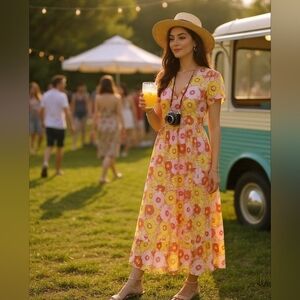 Steve Madden Pink and Yellow Flutter Sleeve Sundress Leigh Midi Chiffon Floral M